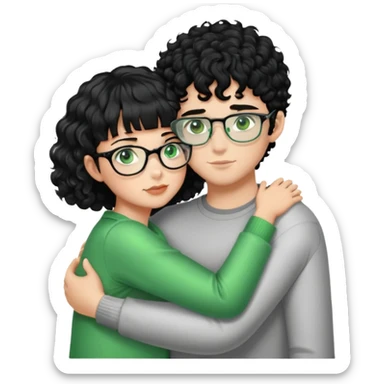 A boy with black curly hair and short hair on the side with green eye and metallic glasses which is hugging a girl with black hair with bang and black eyes  sticker