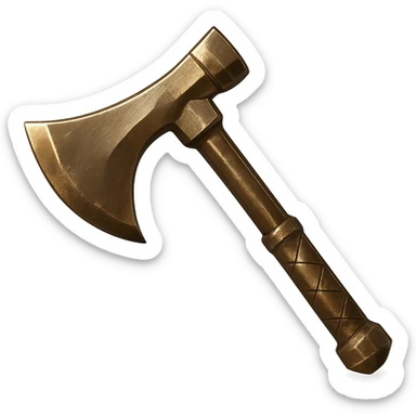 Change the color and texture to realistic bronze metal, making the axe metallic, shiny, and worn. Keep the axe's shape. The style should resemble emoji style with a transparent background. sticker