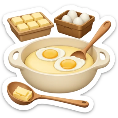 A cream ceramic baking bowl with a wooden spoon in it, a carton of eggs and butter sticker