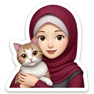 Asian White girl wearing maroon hijab and white dress holding a black grey tabby cat while smiling.  sticker