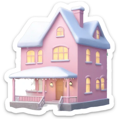 Pastel pink house with snow and Christmas lights and Christmas trees￼ sticker
