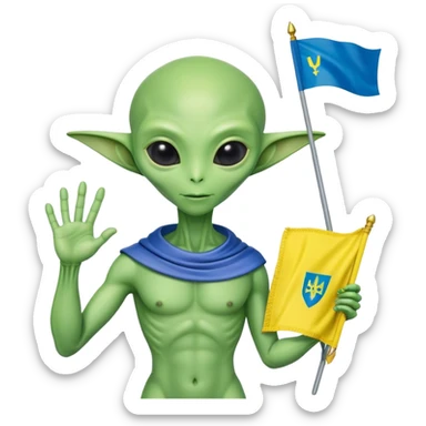 Green alien vyshyvanka, with Ukraine flag in a hand sticker