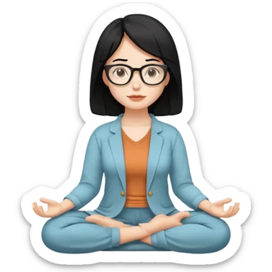 A woman with black hair and big square glasses meditating  sticker