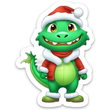happy little green cartoon dragons of child in winter, in work pants, in work clothes, in winter boots, in a Santa Claus hat, New Year sticker