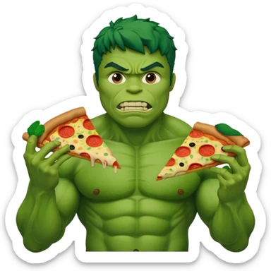 Create a man in a hulk costume eating pizza sticker
