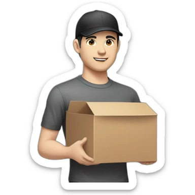 Pale skinned Man with black hair in a black cap and dark gray polo T-shirt keeping a box into his hands sticker