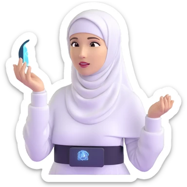 woman with white hijab interacting with holographic metaverse interfaces, augmented reality displays, virtual machine artifacts, digital world sticker