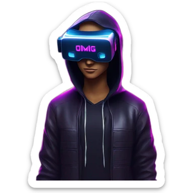Donald Trump wearing a black hoodie with "OMG" letters on it and VR headset in a cyberpunk VR environment with violet neon lighting. sticker