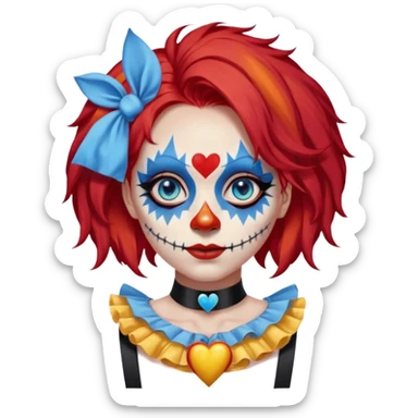 wendy thomas  the clown from gta rp nopixel she has a blue sun covering right eye with three yellow lines below her right eye and above her left eye this is her clown makeup . she has long bright red hair and light blue eyes with ablack heart choker and black bunny ears. with a skeleton shirt sticker
