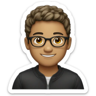 A smiling light-skinned boy with short hair and black-rimmed round glasses sticker