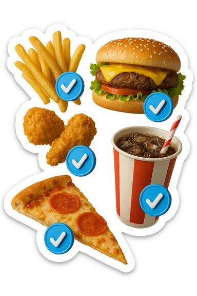 fast food realistico fluttua in aria insieme a spunte di verificato in 3d sticker