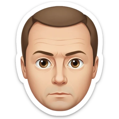 Dmitry Medvedev, round face, smooth finish, simplified but iconic facial traits including distinctive hair, eyebrows, eyes, mouth, serious expression, clean background sticker