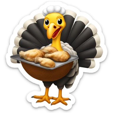 Turkey holding burning slice of black toasted bread and pan of oysters sticker