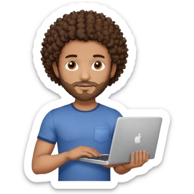 men holding his computer in hands. light brown skin men with curly dark brown hair, brown eyes, little grown beard. ust a tiny bit muscular. dressed casual. round face. sticker