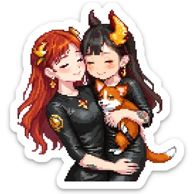 Asian girl with long hair and wispy bangs, black leather dress, gold earrings, subtle false lashes, 3/4 sleeve tattoo with phoenix and dragon on left arm, hugging joyful red head tri-color corgi sticker