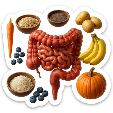 intestino umano anatomico infiammato con carota, bowl di avena, mirtilli, bowl di semi di chia, patate, banane, zucca, bowl di riso che gli fluttuano intorno , iperrealistico 4k sticker