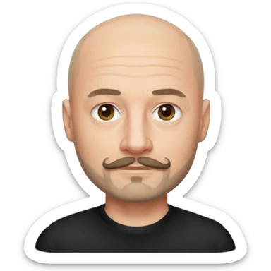 Oliver Riedel, apple style emoji, bald, mustache and goatee, cool, collected vibe, black shirt sticker