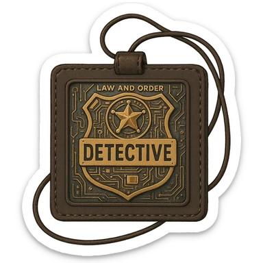 a detective badge, law and order. cyberpunk futuristic, square leather neck worn sticker