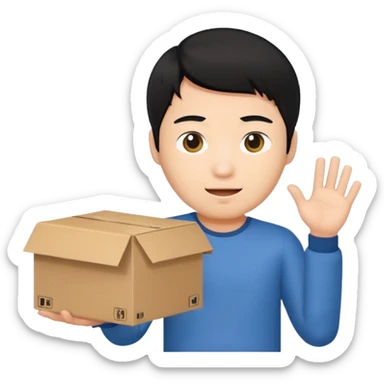 black haired asian man holding cardboard box sticker