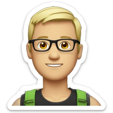 white guy short hair with glasses and dark t-shirt with flowers print sticker