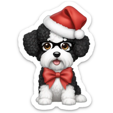 woman-black hair-bow-glasses-bichon dog-sitting-christmas hat sticker
