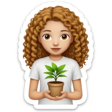 Girl with long light brown curly hair and white t-shirt with plant on hand sticker