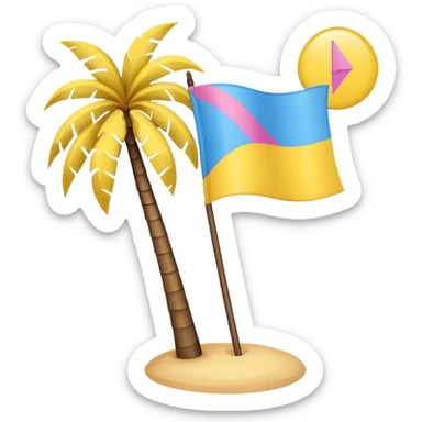 A pink flag in this flag there’s two small blue triangles on the sides In the middle of the circle on the flag a small pink palm tree coming out of the sides  yellow circle with two thick yellow stripes sticker