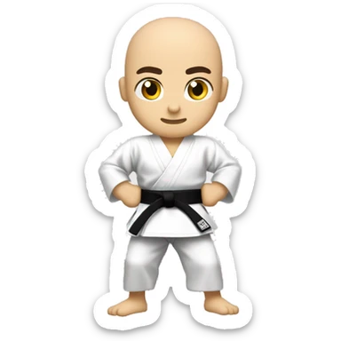 Bald Karate Fighter Emoji with Black Belt:

Head: Bald with clean contours.
Expression: Focused, serious.
Attire: Traditional karate gi, black belt.
Posture: Combat stance.
Background: Transparent or soft solid color. sticker