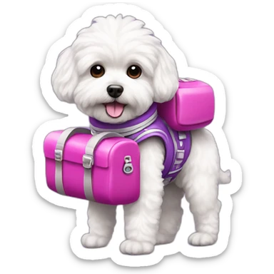 a white maltipoo as purple astronaut with a pink luggage sticker