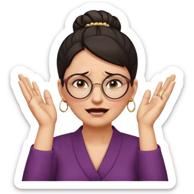  middle aged woman with dark hair pulled up in a high bun, wearing round ring earrings and glasses, expression extreme pain on her face, covering her ears with her hands very painful expression on her face, eyes squeezed shut, wincing in pain covering her ears with her hands sticker