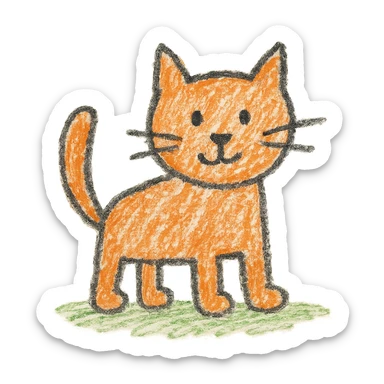 cat drawn with wobbly lines like a baby hand, crayon style with a smeared color effect sticker