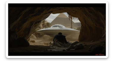 cinematic still, documentary photography, acient egypt, back shot of a man dress in ancient clothes in cave (frame in frame effect) on ground laying front of small ufo starship, palms, dynamic scane, leading lines, captured by arri alexa, depth layers, piramids in babckground sticker
