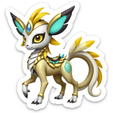 Cute Baby Colorful Shiny Tribal Skeletal masked armored Meloetta-Silvally-Solgaleo-Raikou-Pokémon-Digimon-Fakémon-fusion-hybrid-creature, full body sticker