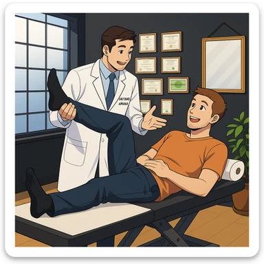 su questo lettino rappresenta un webtoon manga a colori con questo stile, in cui un uomo è steso sul lettino medico e il kinesiologo con il camice bianco (fagli anche la scritta "ANTONIO ANANIA" SUL CAMICE, gli solleva una gamba per fargli il test neuromuscolare, IL KINESIOLOGO SPIEGA ALL'UOMO UNA cosa mentre gli alza la gamba. l'espressione dell'uomo è felice e soddisfatta, non fare i fumetti però, fai solo in modo che sembri stiano parlando sticker