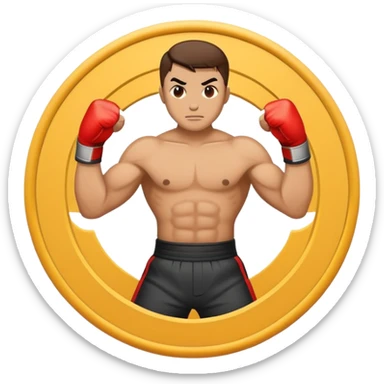 An emblem-style emoji symbolizing striking martial arts. The design features a stylized fighter in a dynamic stance, delivering a powerful punch, surrounded by a circular border with traditional elements like fists and combat symbols. Bold, clean lines with contrasting colors. sticker