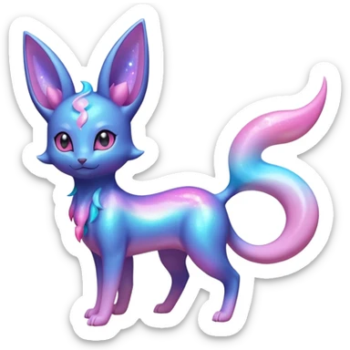 Shiny Iridescent Nebulae Espeon-Umbreon-Sylveon-Fakémon-hybrid-creature (full body)  with a galaxy-dust-flowing-gradient-tail sticker