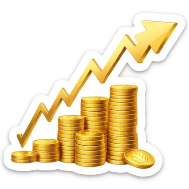 upward arrow next to gradually increasing stacks of gold coins, showing progression sticker