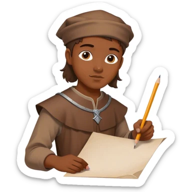 smart young medieval painter apprentice whit brown tunic drawing paper and pencil sticker