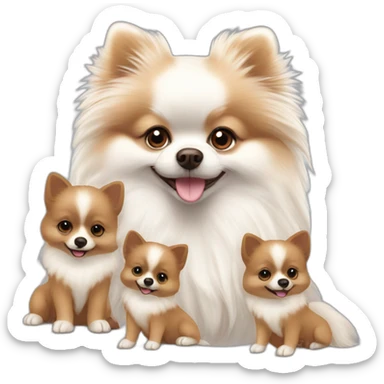 white pomeranian mother dog with four brown puppies  sticker