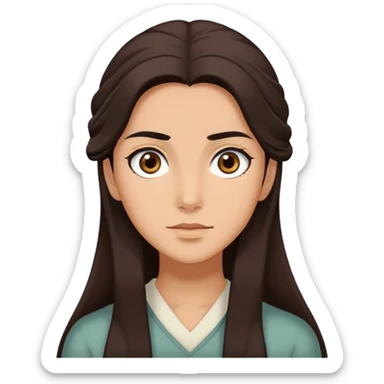  brunette with long dark brown hair, dark brown eyes and thick eyebrows ghibli style sticker