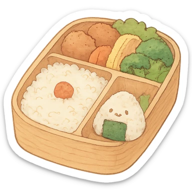 Japanese style bento box with a tiny onigiri, soft pastel kawaii hand-drawn style, full object sticker