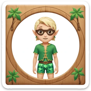 elf male legolas portrait, patterned board shorts (geometric/abstract), unique wooden-framed sunglasses, undercut hairstyle, slight smirk, visible pointy ears, no background, centered emoji, hipster summer vibe sticker