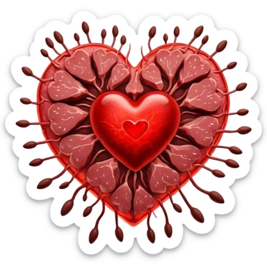 Glowing pieces of red meat and liver floating around a bright red heart and shining blood cells. Red energy streams connect the meats to the blood and heart, showing how heme iron creates vitality and supports circulation throughout the body. sticker