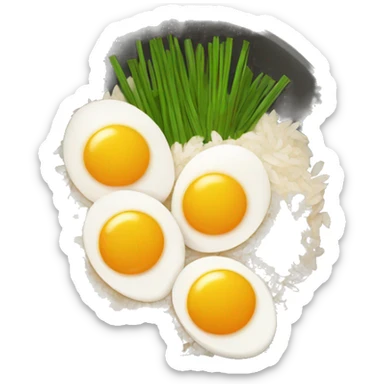 a bowl of rice with two eggs and two chicken sticker