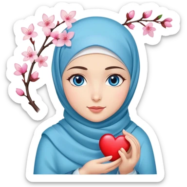 Turkish beautiful finish Konya girl blue eyes with cherry blossom flower design hijab and hold heart in her hand  sticker