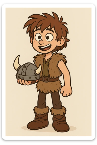 young Viking boy from How to Train Your Dragon, brown hair, wearing fur vest and boots, holding a helmet, colorful cartoon style sticker