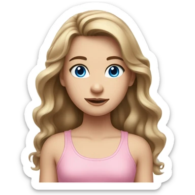 Brown long wavy hair pretty white skin pink tank top girl blue eyes  sticker