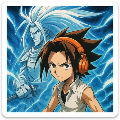 Yoh Asakura, determined look, spiky brown hair, orange headphones, with Amidamaru spirit behind him, anime style sticker