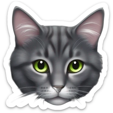 fluffy dark grey cat with pinknose, green eyes and white long whiskers, near the nose there are white spots sticker