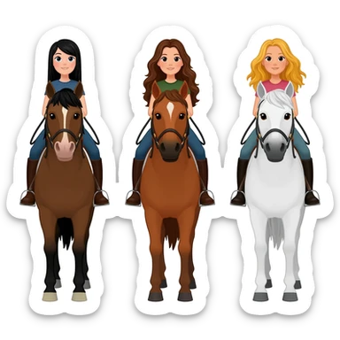Three horses white bay and sorrel with three riders on the bay horse a girl with dark straight hair on the sorrel horse a girl with wavy brown hair and on the white horse a girl with sandy hair sticker
